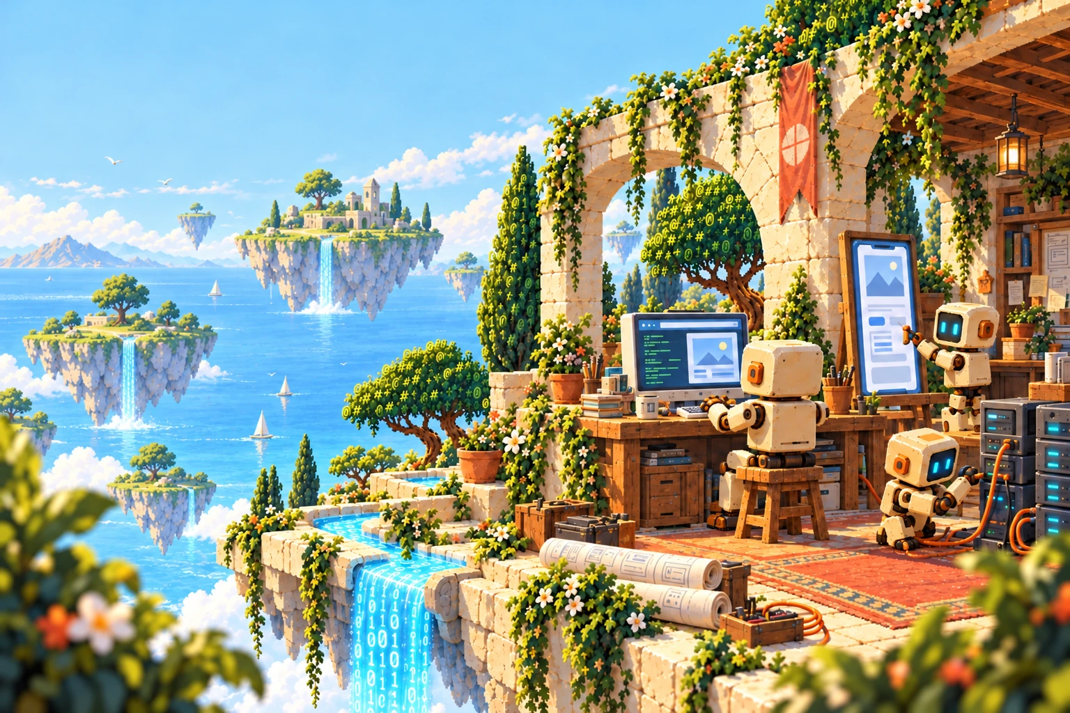 An imagined coastal workshop where robots build websites, apps, and connected software.